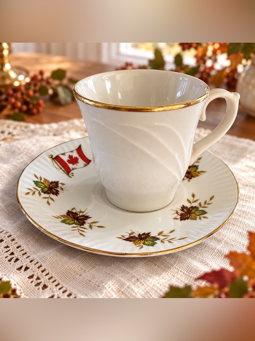 Canada Flag Maple Leaf Saucer & Gold Rim Teacup Pair